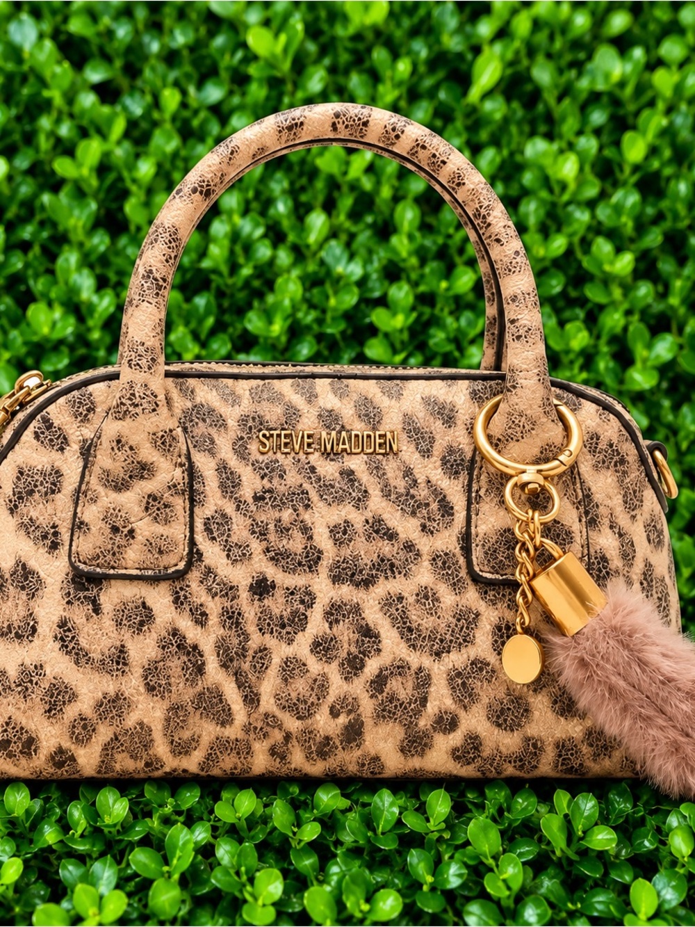 Steve Madden Leopard-Print Dome Satchel in Tan and Black with Gold Hardware
